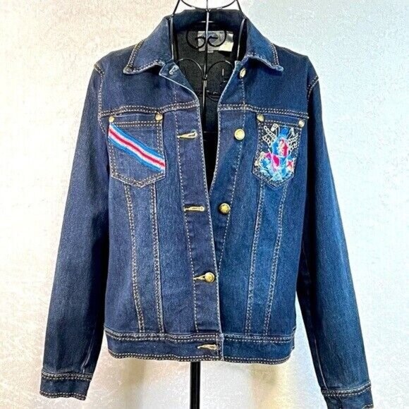 DIANE GILMAN Jean Jacket Womens S Preppy Royal Crest‎ Dark Blue Academia Denim - Picture 1 of 11